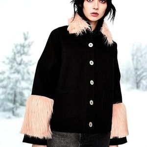 East & West Pink Fur Trim Denim Jacket